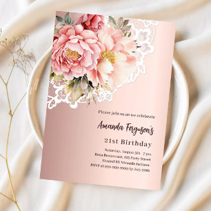 Invitation Rose or rose floraux dentelle luxe anniversaire