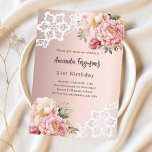 Invitation Rose or rose floraux dentelle luxe anniversaire<br><div class="desc">Une invitation élégante et romantique du 21ème (ou tout âge). Un fond dégradé d'or rose décoré de fleurs d'or rose et rose,  de roses et de dentelle. Personnalisez et ajoutez un nom et des détails du parti.</div>