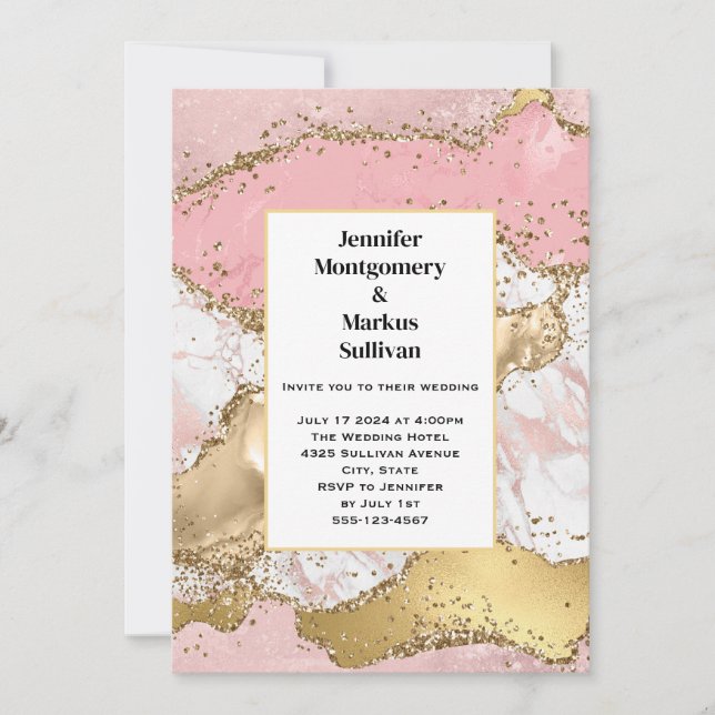 Invitation Rose or rose marbre Mariage Abstrait (Devant)