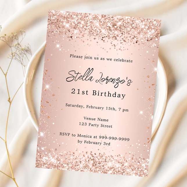 Invitation Rose or rose pâle confetti anniversaire (Créateur téléchargé)
