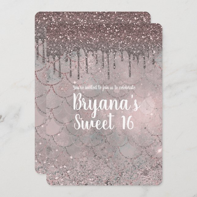 Invitation Rose or rose Parties scintillant Drip Sirène Sweet (Devant / Derrière)