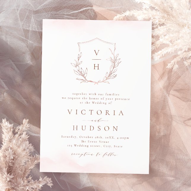 Invitation Rose or simple crête botanique monogramme mariage (Rose gold simple botanical crest monogram wedding invitation)