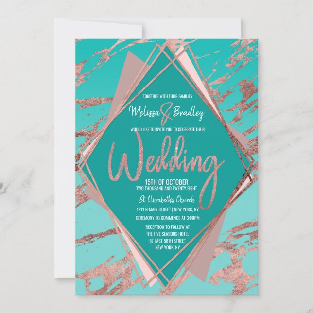 Invitation Rose or Turquoise marbre vert Diamant Mariage (Devant)