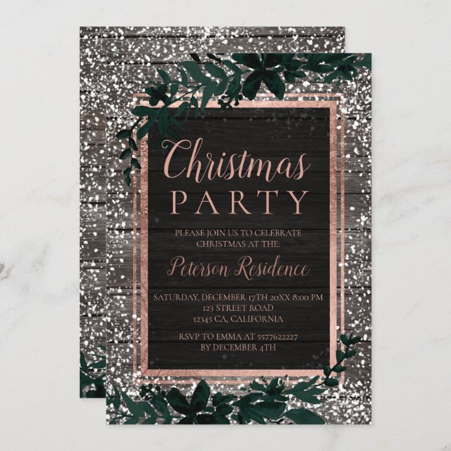 Invitation Rose or typographie feuille neige bois Noël 2 (Devant / Derrière)