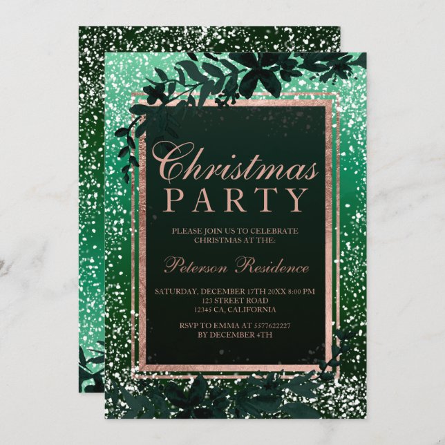 Invitation Rose or typographie feuille neige verte Noël (Devant / Derrière)