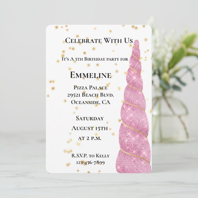 Invitation Rose or Unicorn Stars Blanc Anniversaire (Debout devant)