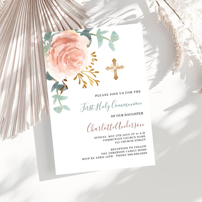 Invitation Rose or verdure croix première communion sainte (Créateur téléchargé)