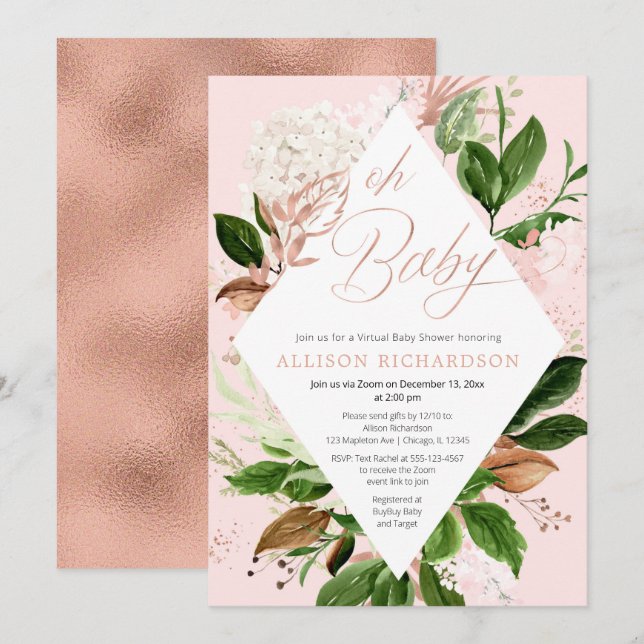 Invitation Rose or verdure fleurie Baby shower virtuel fille (Devant / Derrière)