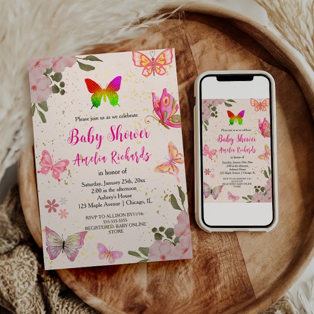 Invitation Rose or violet élégant papillon fille anniversaire (Créateur téléchargé)