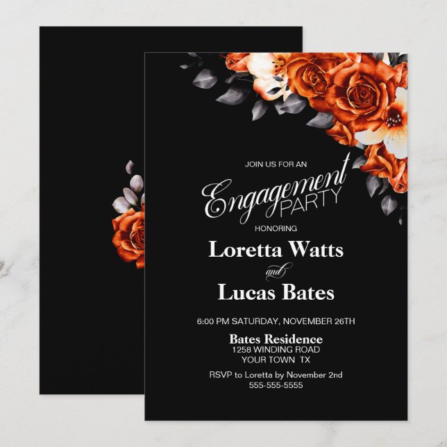 Invitation Rose orange brûlé Floral Black Engagement Party (Devant / Derrière)