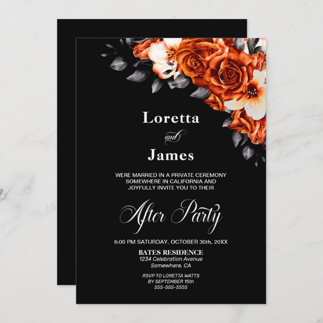 Invitation Rose orange brûlé Floral Noir Mariage Réception (Devant / Derrière)
