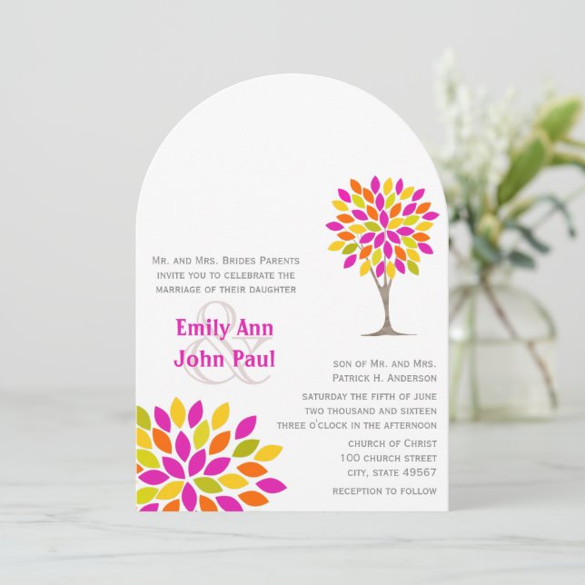 Invitation Rose Orange Citron Vert Arbre Fleur Mariage Rustiq (Debout devant)
