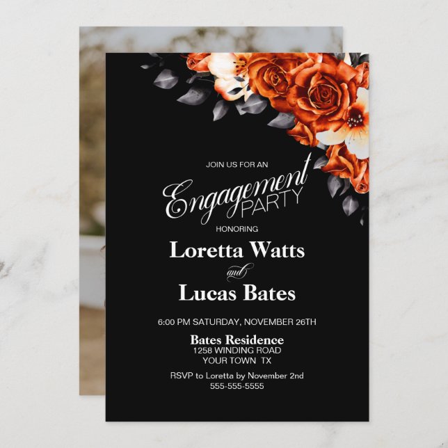 Invitation Rose orange Floral Black Engagement Party Photo (Devant / Derrière)