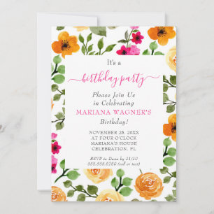 Invitation Rose Orange Floral Élégant Script Anniversaire Fêt