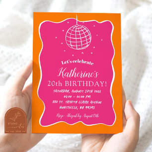 Invitation Rose Orange Illustré Disco Ball Adulte Anniversair