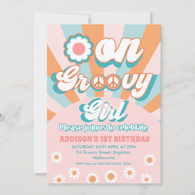 Invitation Rose Orange Retro Une Super fille 1er anniversaire (Devant)