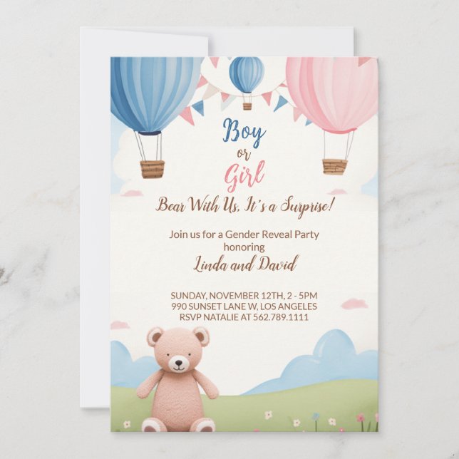 Invitation Rose ou Bleu : Baby shower d'ours en peluche pour  (Devant)