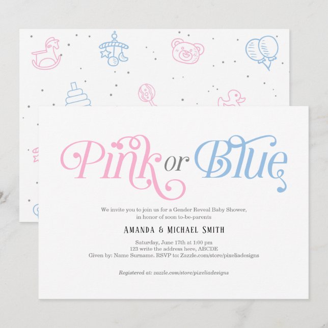 Invitation Rose ou Bleu, Garçon ou Fille, Moderne, Révélation (Devant / Derrière)
