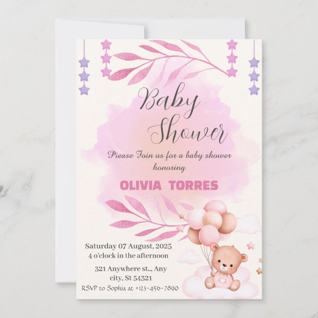 Invitation Rose, Ours Teddy, Ballons, Baby shower fille (Devant)