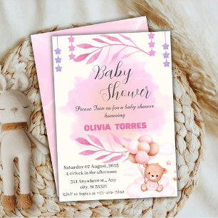 Invitation Rose, Ours Teddy, Ballons, Baby shower fille
