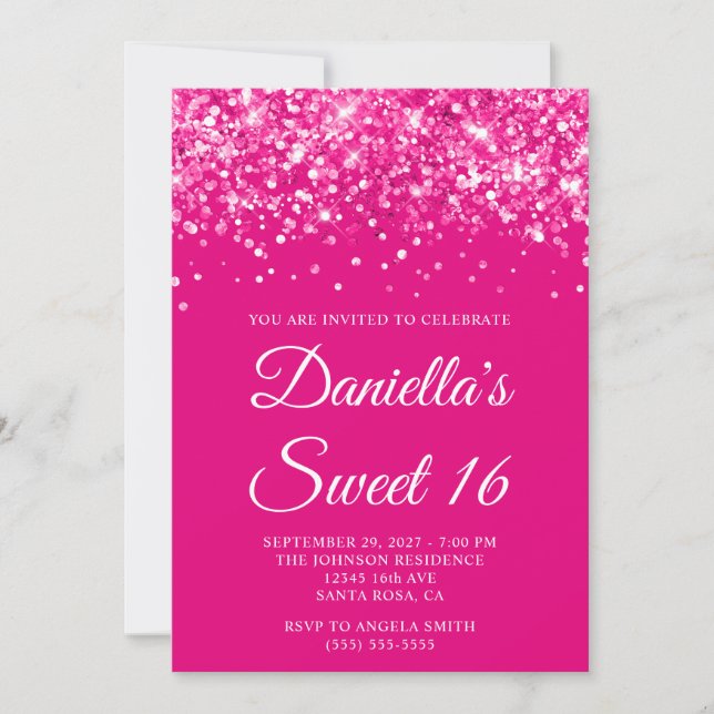 Invitation Rose Pailleté Chaud pour les 16 ans (Devant)