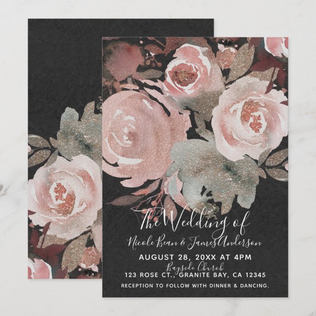 Invitation Rose Pailleté Fleurs Roses Sombres Glam Mariage (Devant / Derrière)