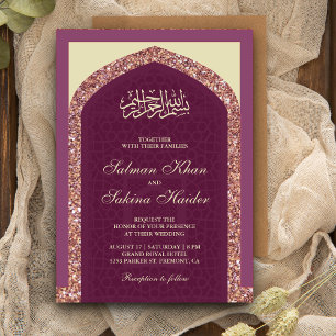 Invitation Rose Pailleté Or Mauve Prune Mihrab Mariage Musulm