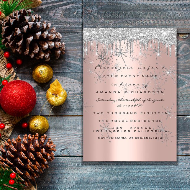 Invitation Rose Pailletée Argent Luxe Mariage Douce 16ème (Spark Glitter Rose Silver Lux Bridal Sweet 16th Invitation)