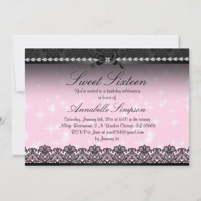 Invitation Rose Pailletée et Dentelle Noire pour u (Devant)