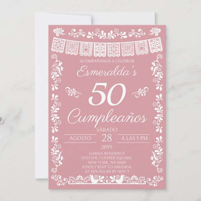 Invitation Rose Pâle 50 Ans Fête d'Anniversaire (Devant)