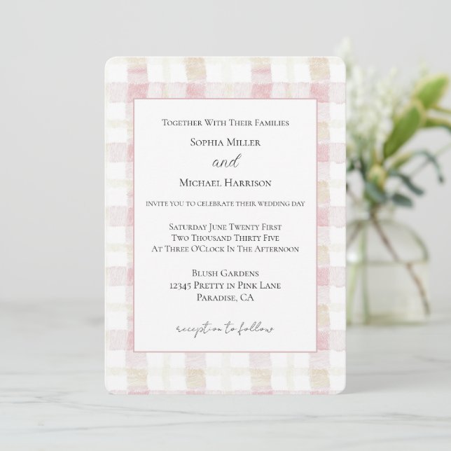 Invitation Rose Pâle Blanc Crème Carreaux Rayures Mariage (Debout devant)