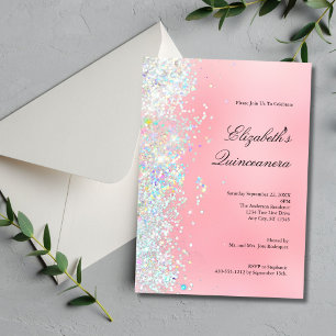 Invitation Rose Pâle Blanc Paillettes Glamour Quinceanera