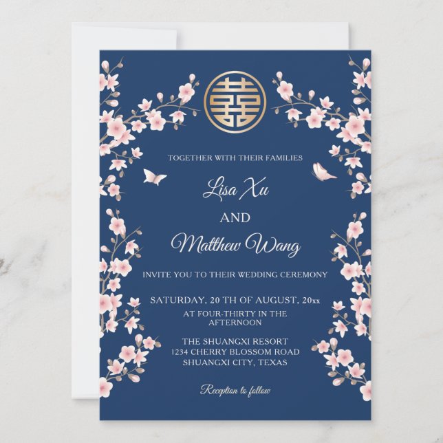 Invitation Rose Pâle Bleu Cerisier Fleur Mariage Chinois (Devant)