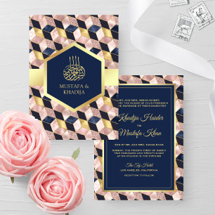 Invitation Rose Pâle Bleu Marine Géométrique Mariage Musulman