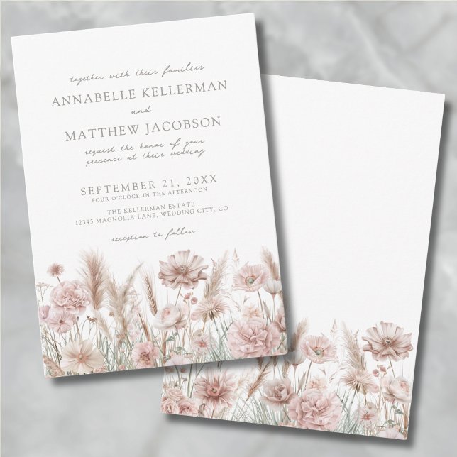 Invitation Rose Pâle Botanique Bohème Fleurie Mariage (Blush Pink Botanical Pampas Floral Boho Wedding Invitation)
