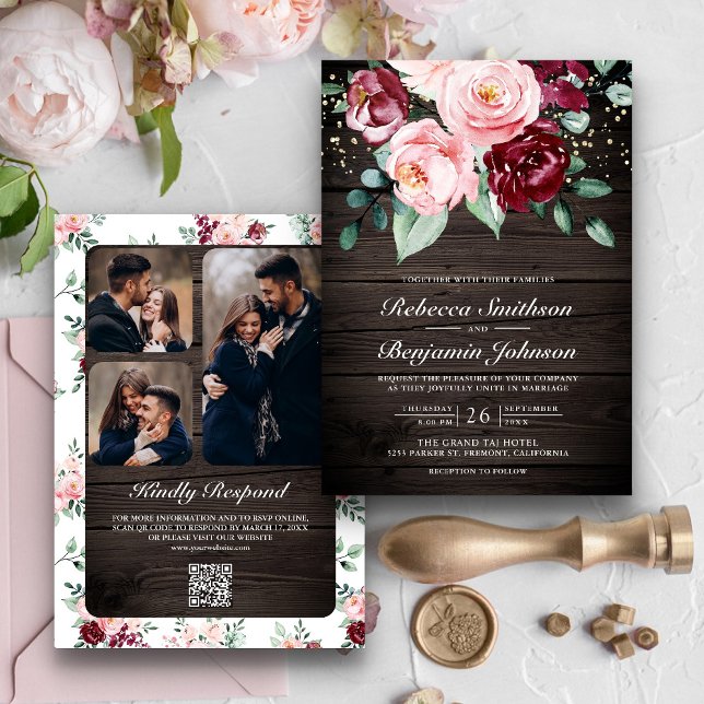 Invitation Rose Pâle Bourgogne Floral QR Code Bois Mariage (Créateur téléchargé)