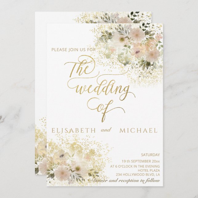 Invitation Rose pâle calligraphie dorée florale romantique (Devant / Derrière)