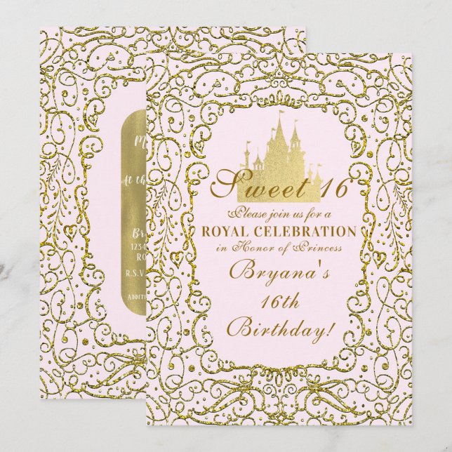 Invitation Rose Pâle & Château Royal Doré Princesse Sweet 16 (Devant / Derrière)