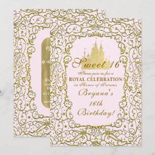 Invitation Rose Pâle & Château Royal Doré Princesse Sweet 16