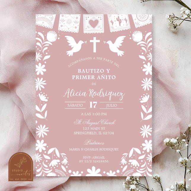 Invitation Rose Pâle Cielito Lindo Baptême et Premier Anniver (Créateur téléchargé)