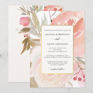 Invitation Rose Pâle Crème Pêche Vert Sauge Or Mariage