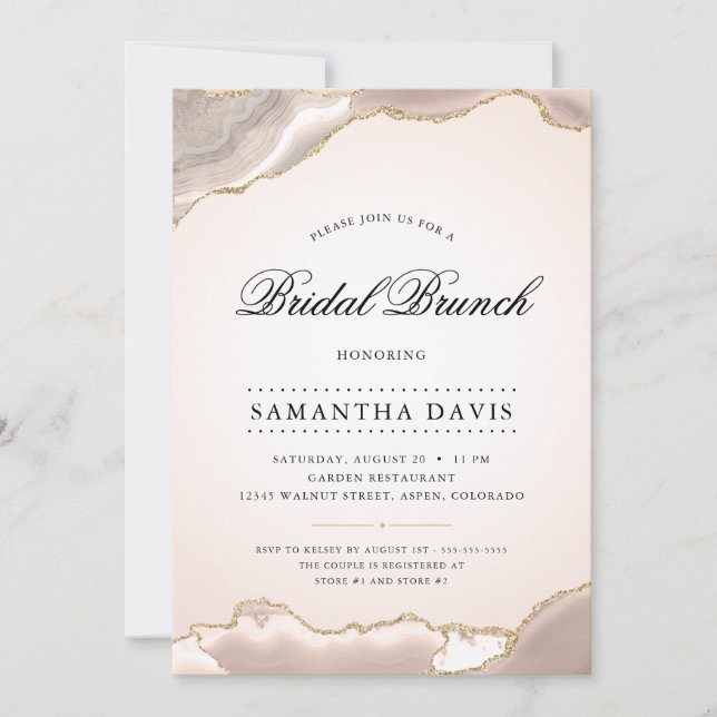 Invitation Rose Pâle et Agate Dorée Élégant Brunch de Mariage (Devant)