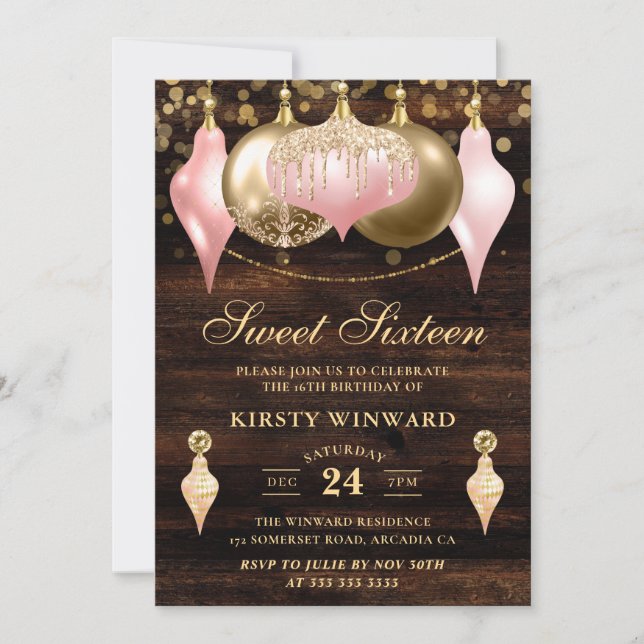 Invitation Rose Pâle et Baubles Dorés Rustiques Sweet Sixteen (Devant)