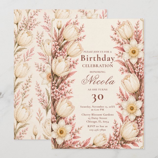 Invitation Rose Pâle Et Champagne Anniversaire (Devant / Derrière)