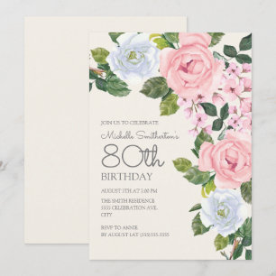 Invitation Rose Pâle et Fleurs Blanches pour les 80 Ans d'une