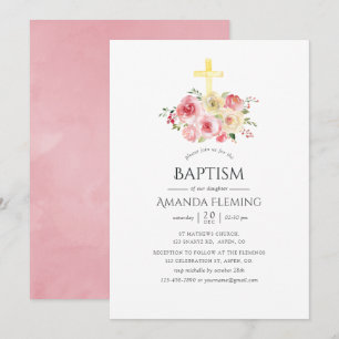 Invitation Rose Pâle et Fleurs Jaunes Baptême