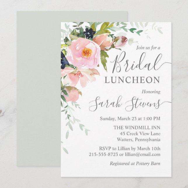 Invitation Rose Pâle et Fleurs Mariage Gris Déjeuner (Devant / Derrière)