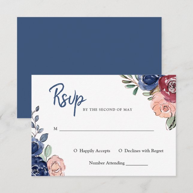 Invitation Rose Pâle et Floral Aquarelle Marine | Mariage (Devant / Derrière)