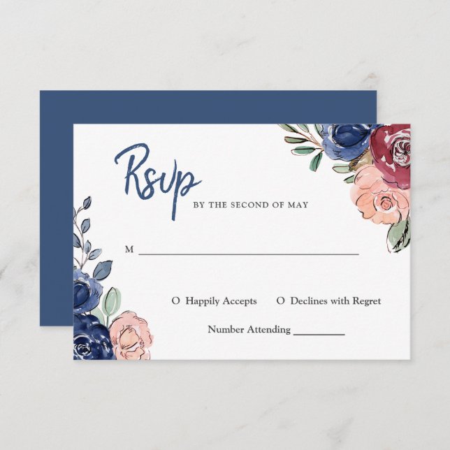 Invitation Rose Pâle et Floral Aquarelle Navy | Mariage (Devant / Derrière)
