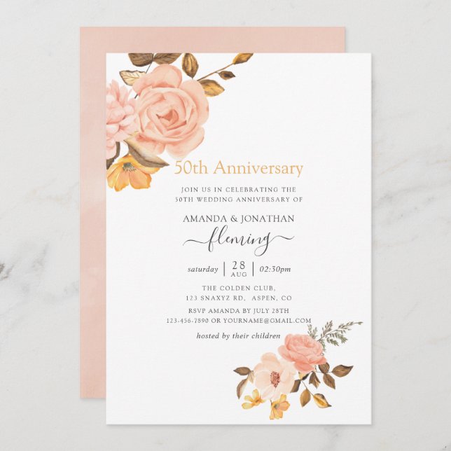 Invitation Rose Pâle et Floral Doré 50e Anniversaire de Maria (Devant / Derrière)